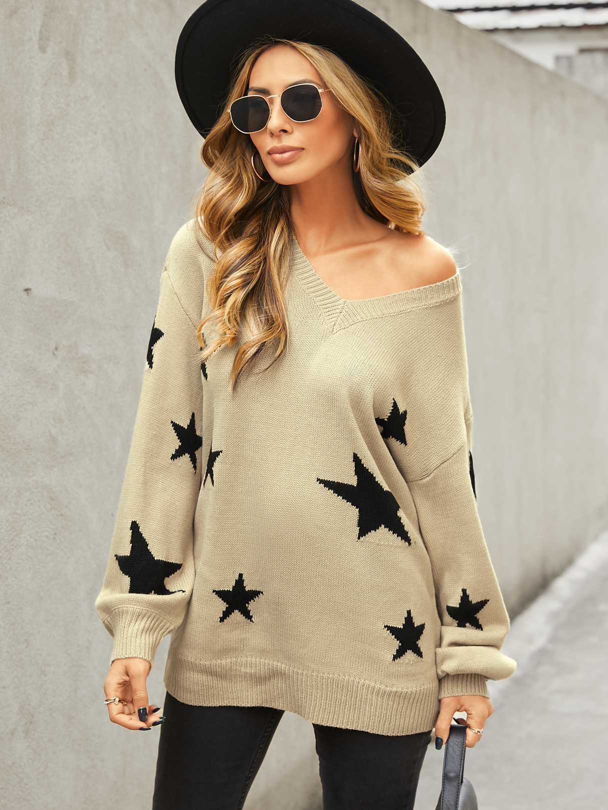 YOINS Khaki Random Star V-neck Long Sleeves Sweater