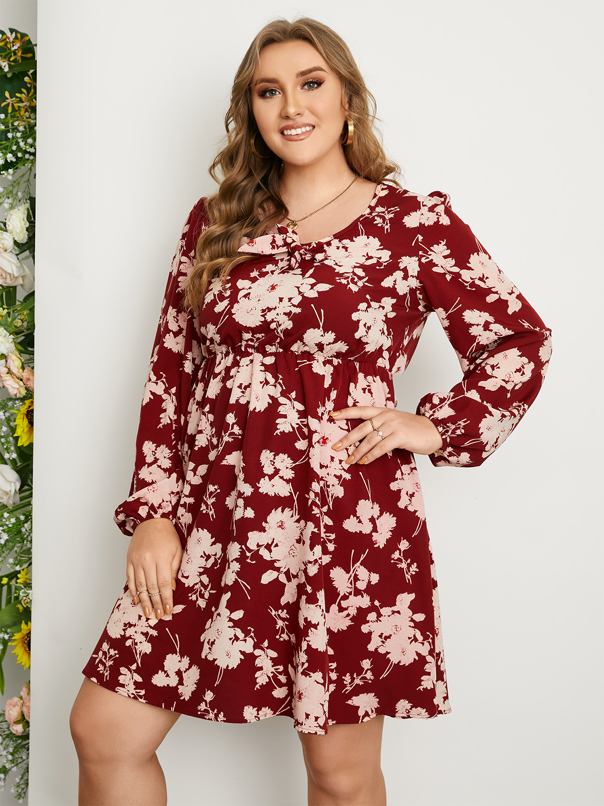 YOINS Plus Size V-neck Floral Print Knotted Elastic Waist Long Sleeves Dress
