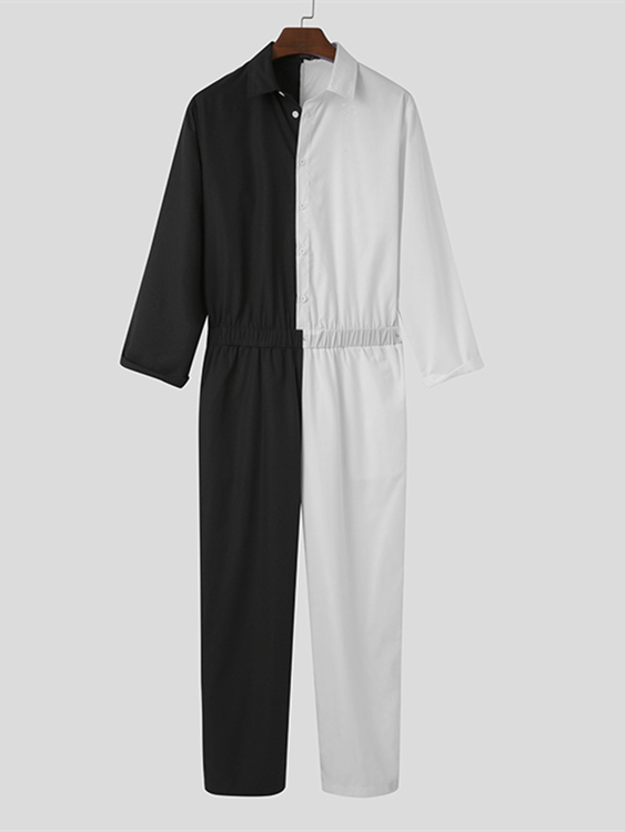Men Fashion Black White Color Block Splicing Casual Jumpsuit