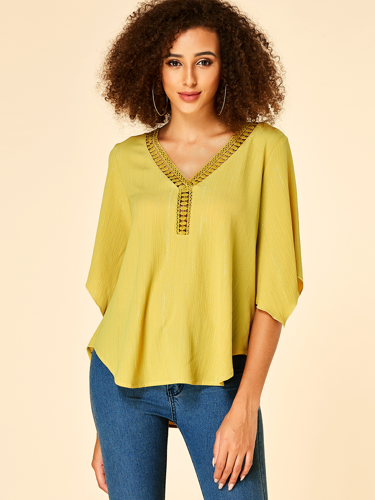 YOINS Yellow Crochet Lace Embellished Hollow Design V-neck Blouse