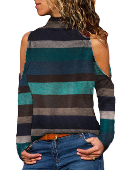 Blue Striped Cold Shoulder Long Sleeves Tee