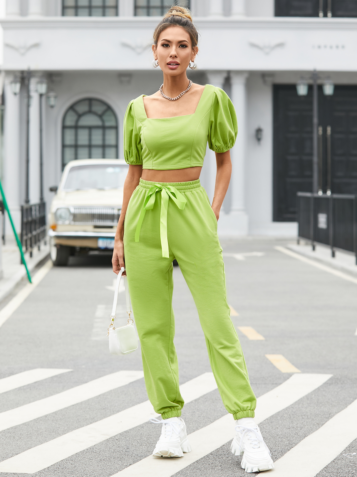 YOINS Drawstring Square Neck Short Sleeves Top & Pants Set
