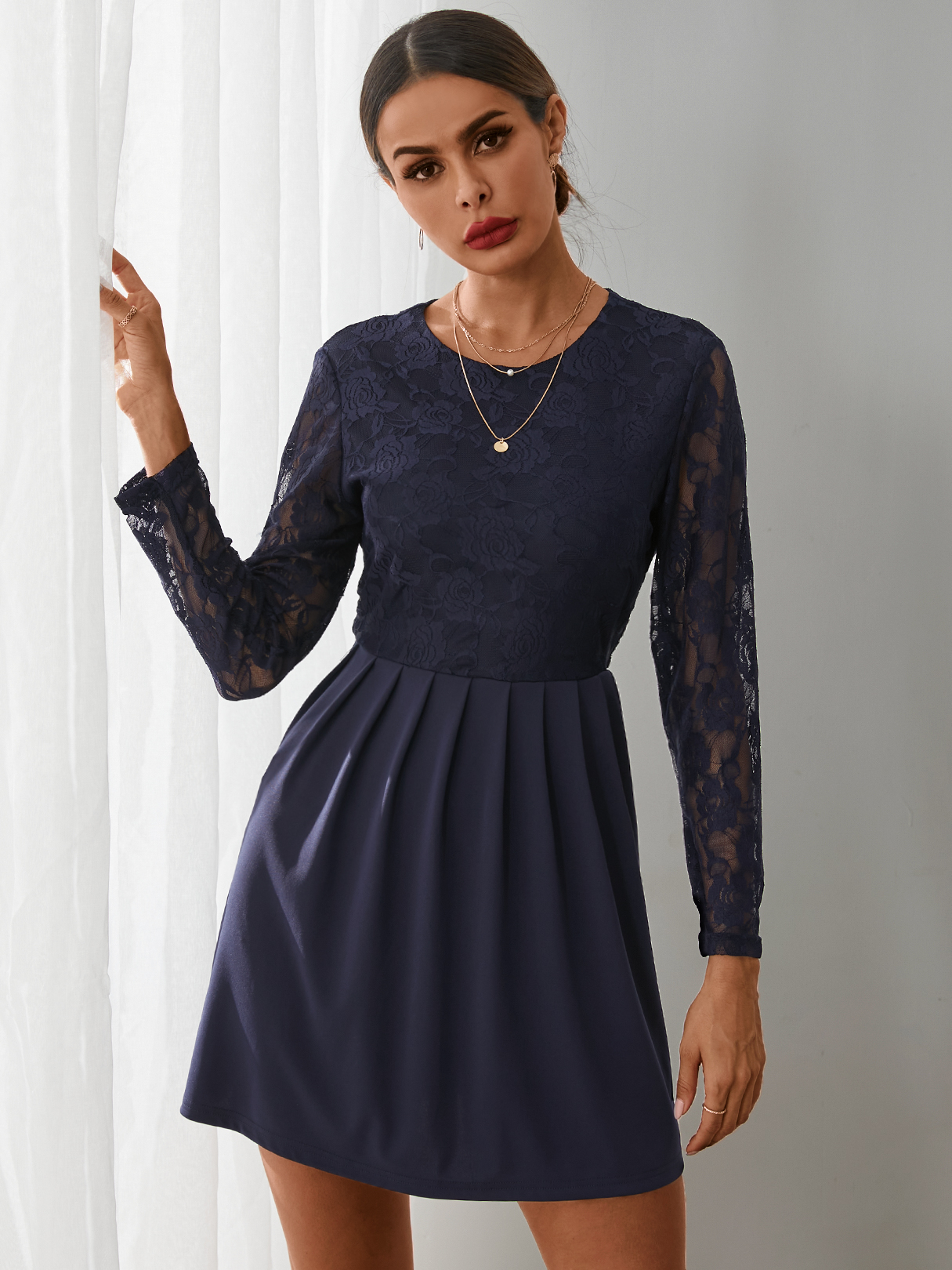 YOINS Pleated design Patch Lace Mini Dress