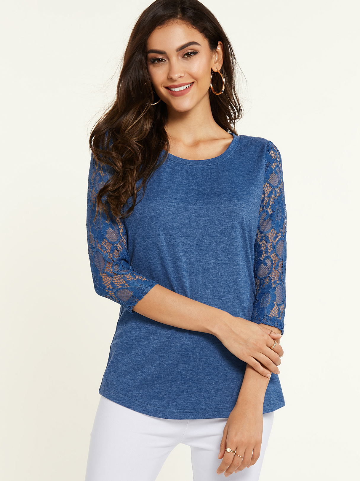 YOINS Blue Lace Design Round Neck Long Sleeves Tee
