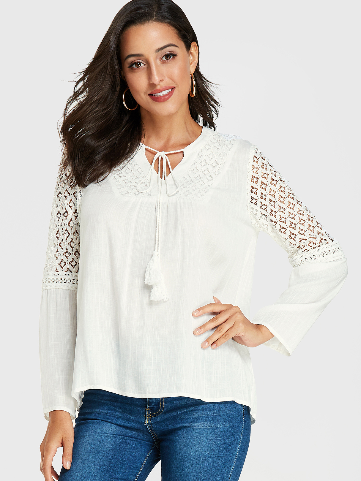 YOINS White Lace V Neck Long Sleeves Blouse