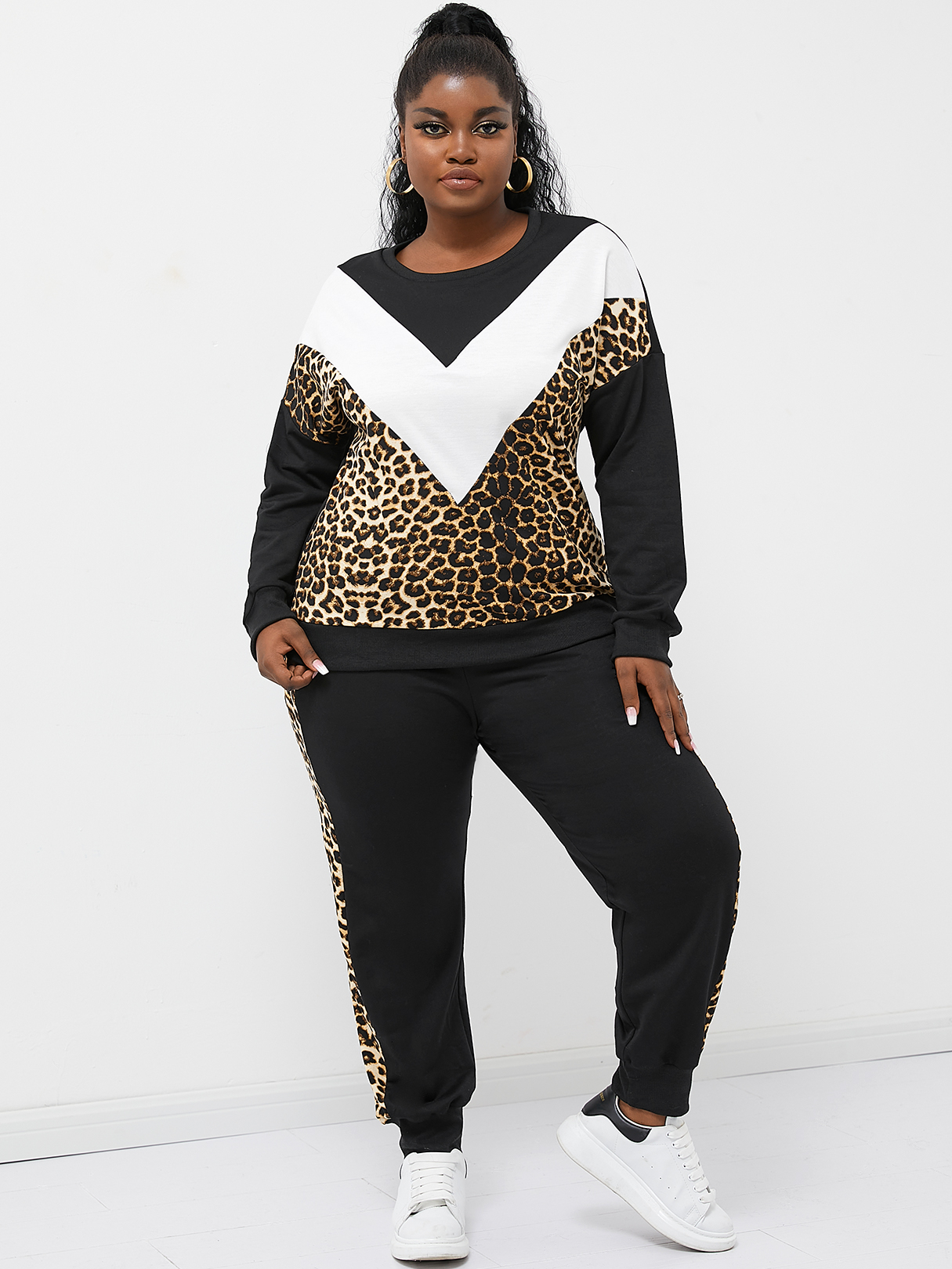 YOINS Plus Size Crew Neck Patchwork Leopard Long Sleeves Two Piece Outfit