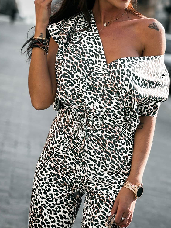 Leopard Snake Print Wrap design Short sleeves Jumpsuits