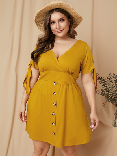 YOINS Plus Size Belt Design V-neck Short Sleeves Dress