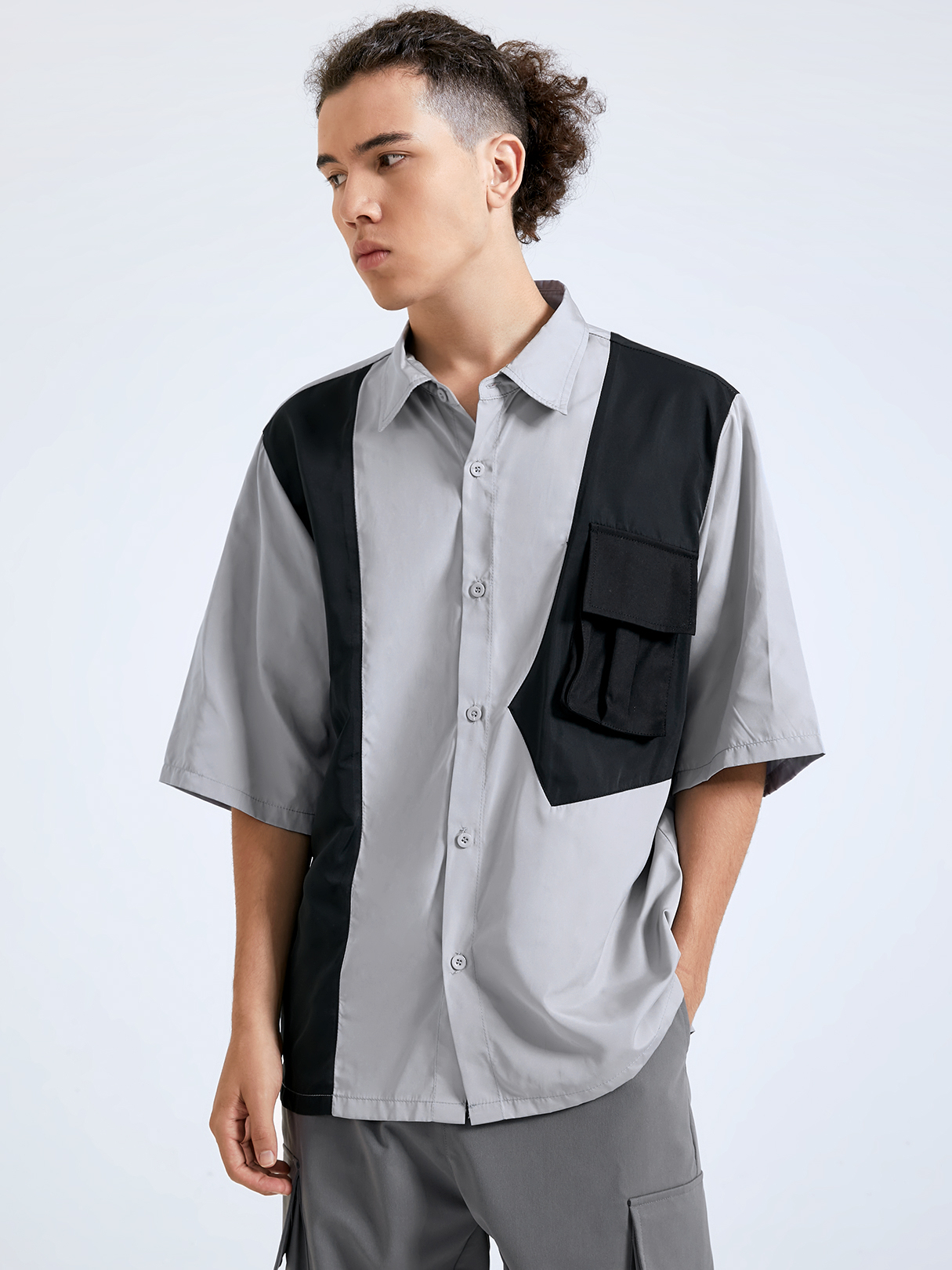 Men Utility Pocket Patchwork Cargo Shirt