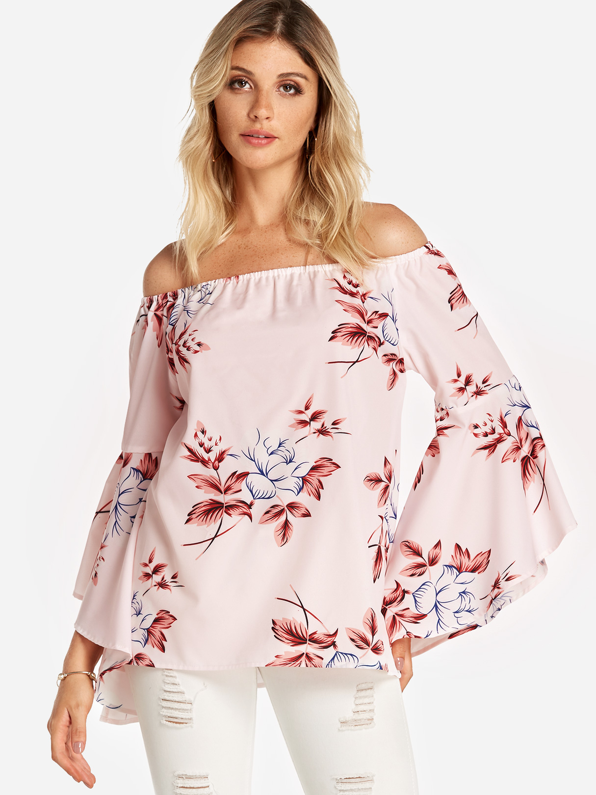 Pink Backless Design Floral Print Off Shoulder Flared Sleeves Blouse