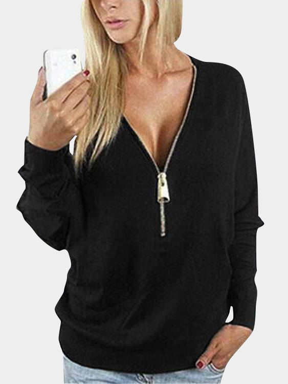Black Zipper V-neck Bat Sleeve Top