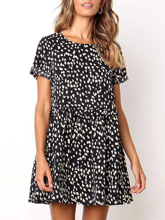 Ruffle Trim Polka Dot Ruched Round Neck Short Sleeves Dress