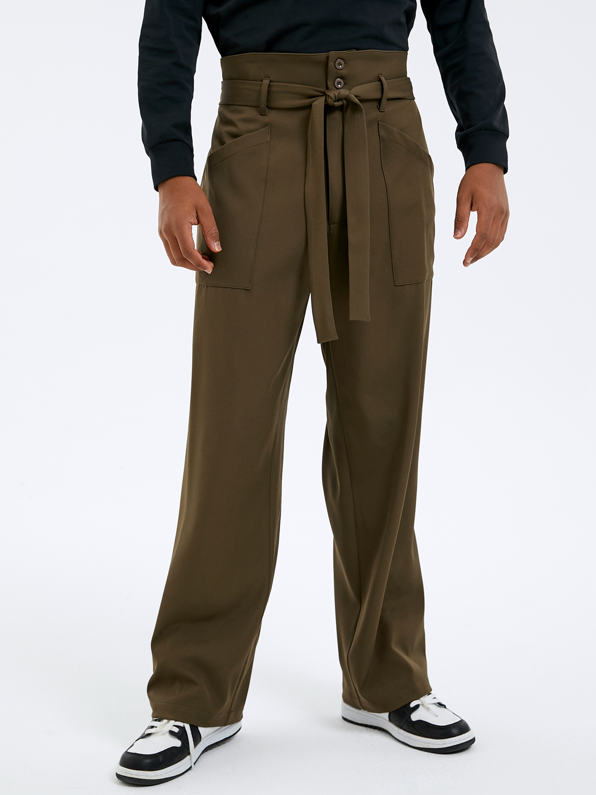 Men Retro Belt Design Knotted Loose High Waist Casual Pants