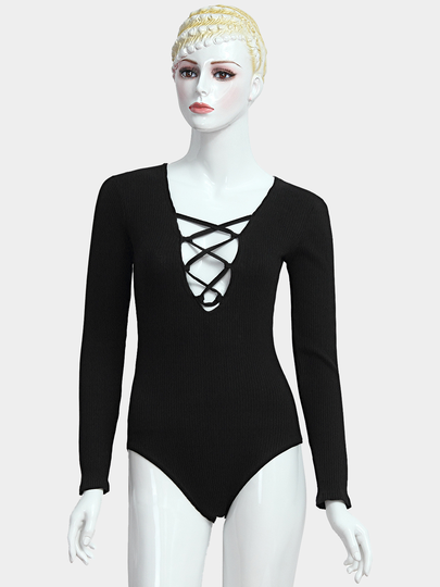 Black Lace Up Bodysuit In Knit