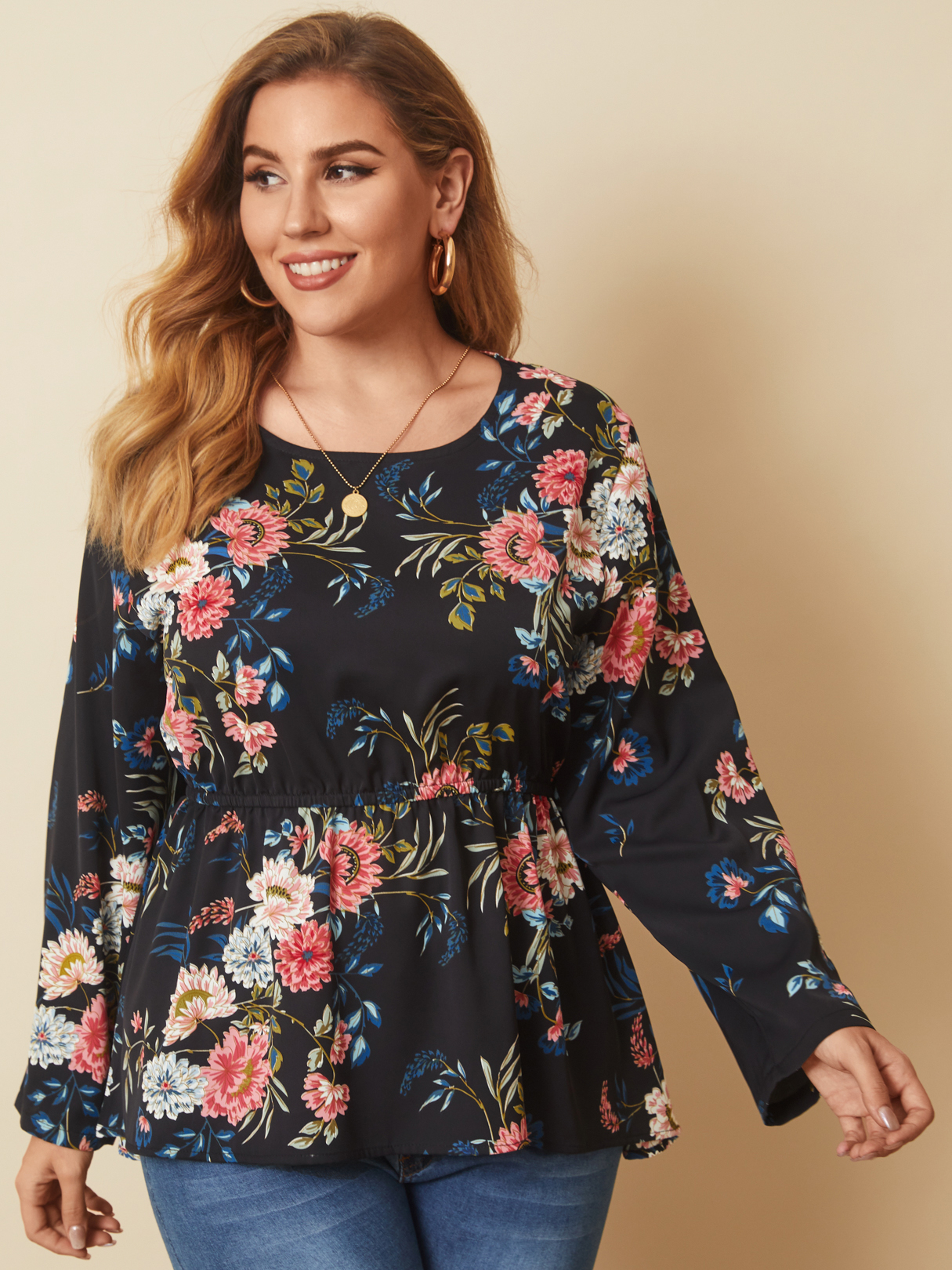 Plus Size Crew Neck Floral Print Elastic Strap Long Sleeves Blouse
