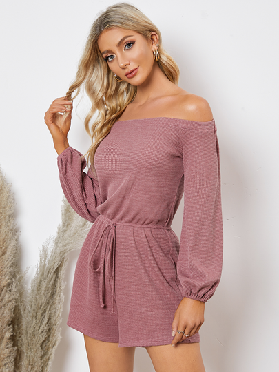 YOINS Purple Off The Shoulder Drawstring Waist Long Sleeve Playsuits