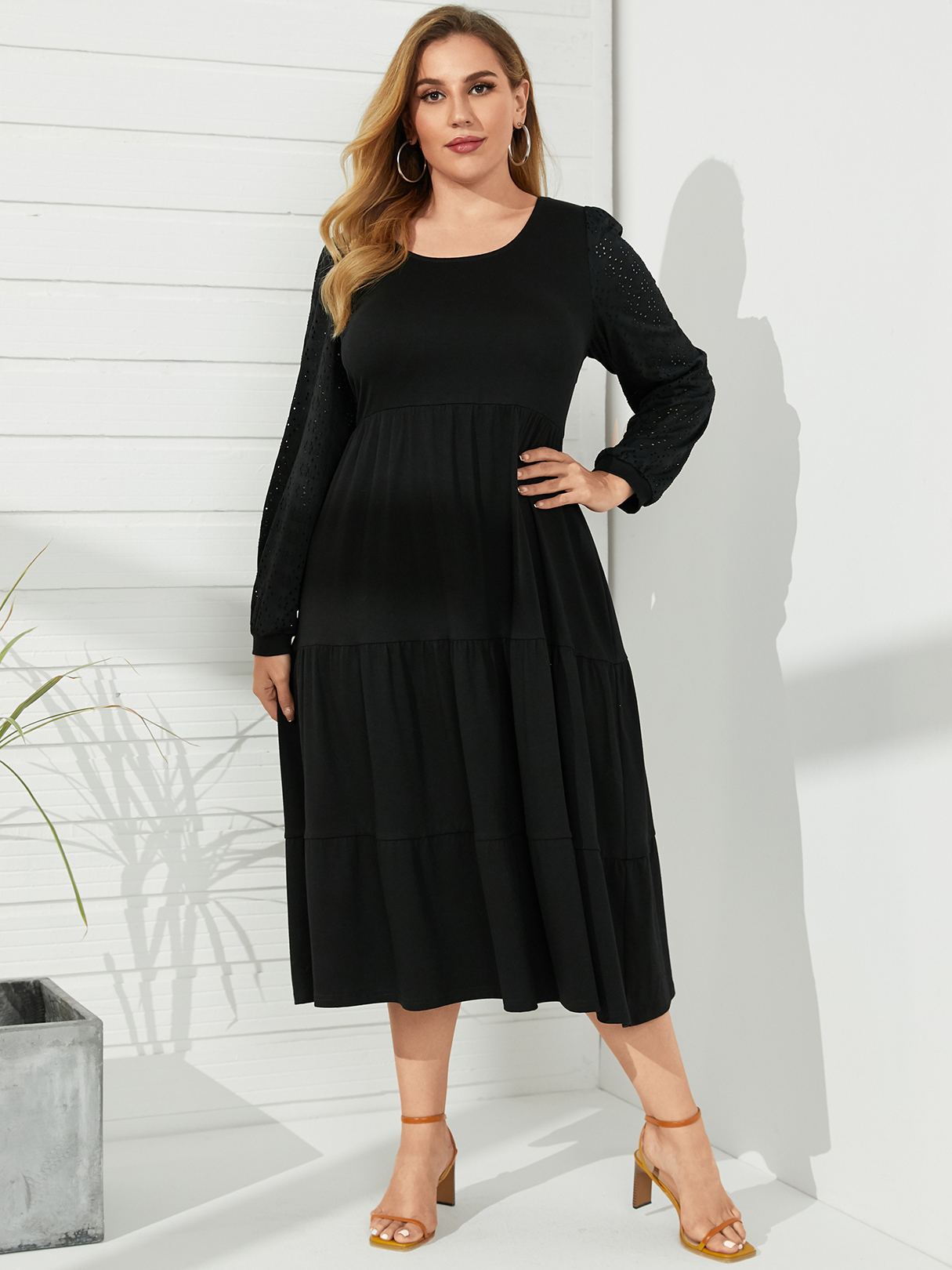 YOINS Plus Size Round Neck Long Sleeves Maxi Dress
