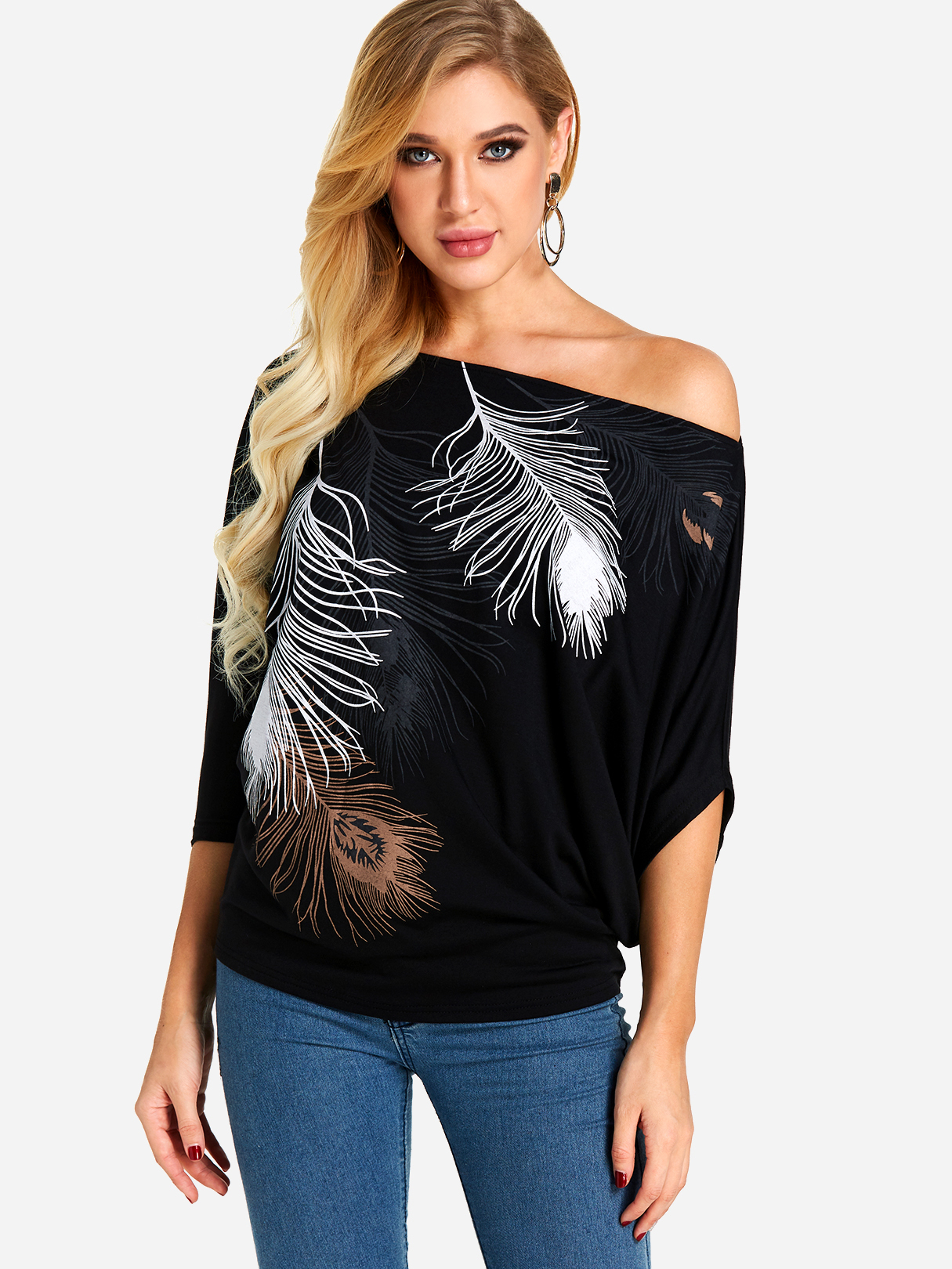Black Feather Printing One Shoulder T-shirt