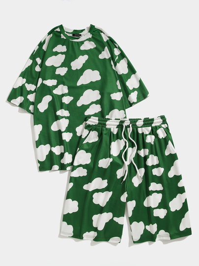 KOYYE Men Summer Casual Cloud Print Short Sleeve Pajamas Set