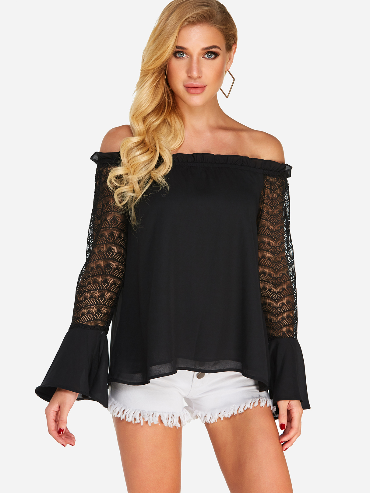Black Tiered Off Shoulder Design See Through Lace Insert Bell Sleeves Blouses