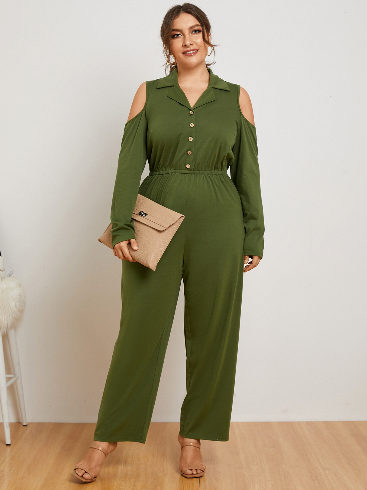 YOINS Plus Size Lapel Collar Button Design Cut Out Jumpsuit