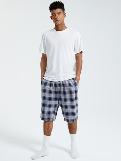 KOYYE Men Casual Plaid Print Short Sleeve Shorts Pajamas Set
