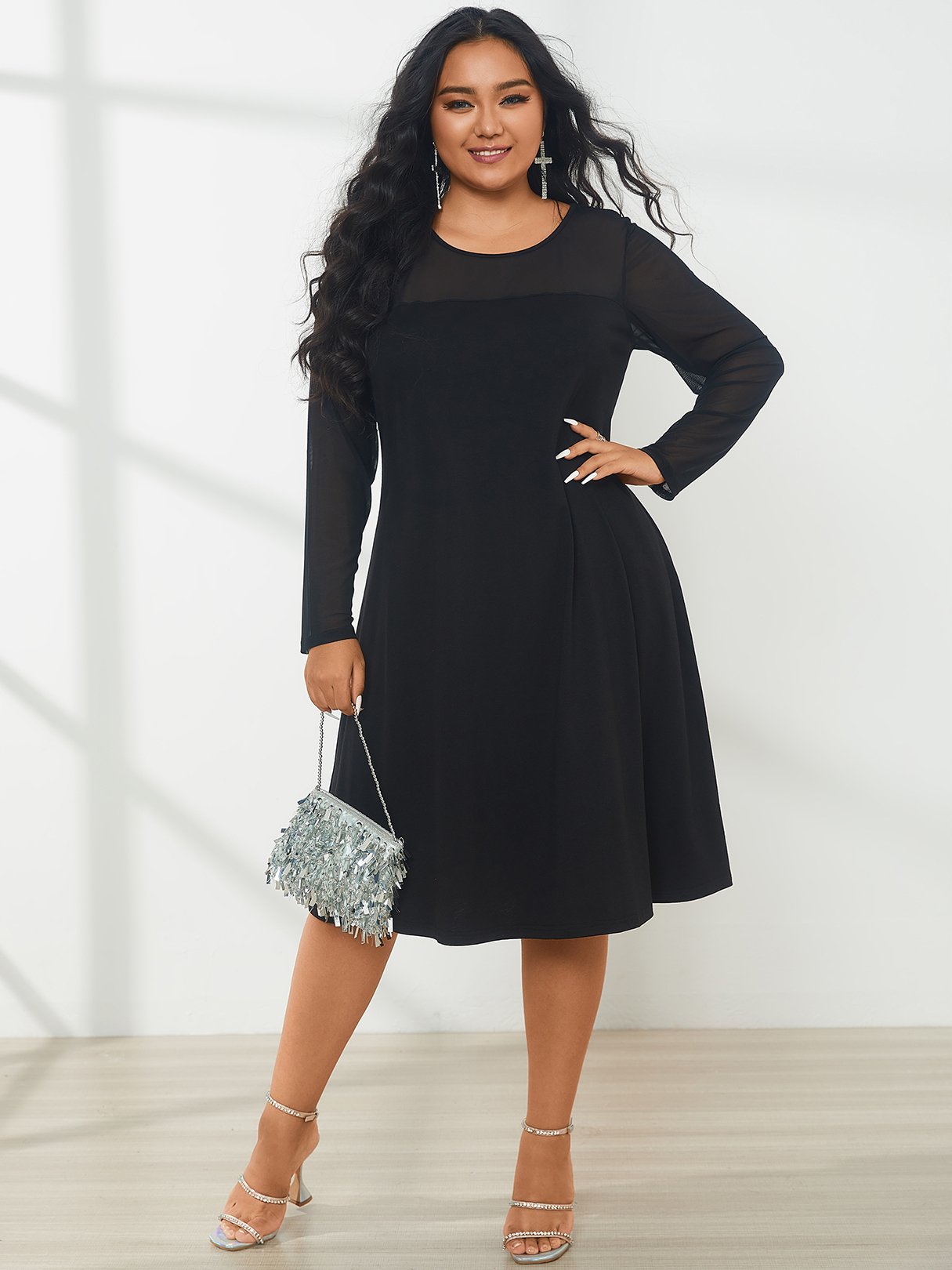YOINS Plus Size Round Neck Mesh Long Sleeves Midi Dress
