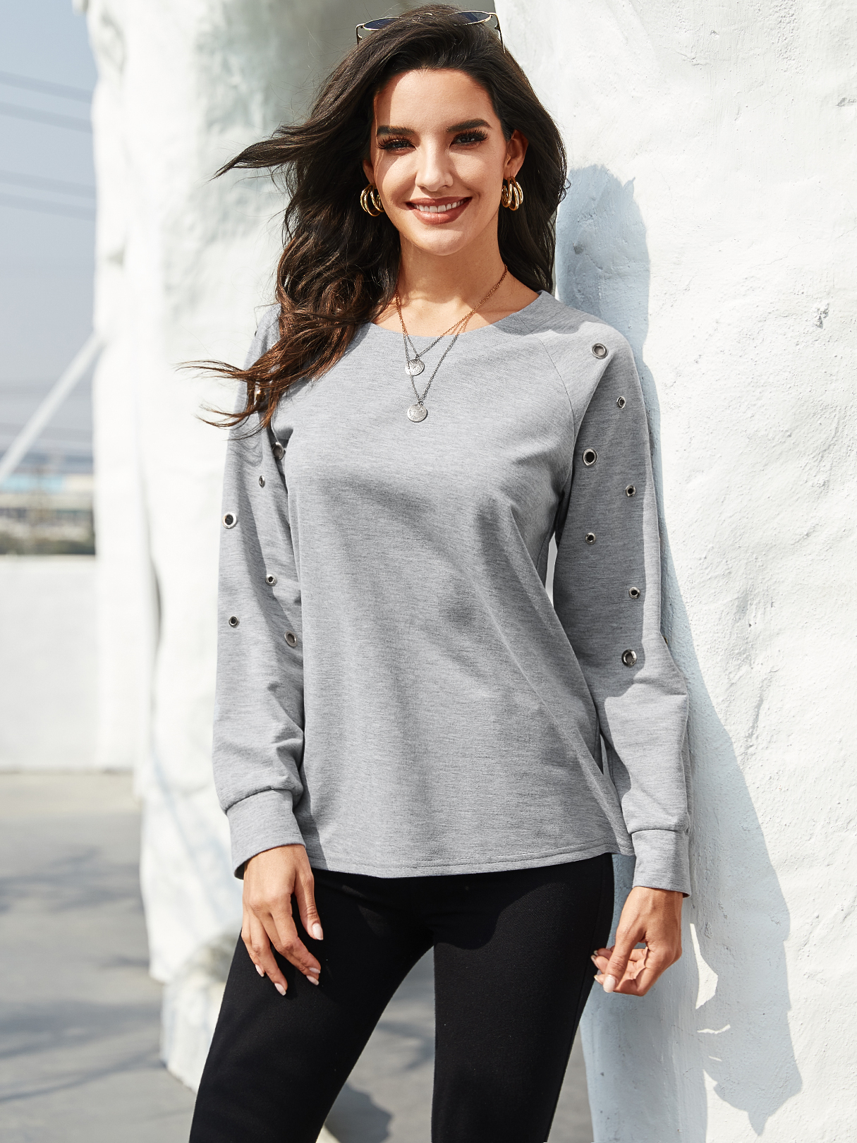 YOINS Grey Hollow Design Round Neck Long Sleeves Tee