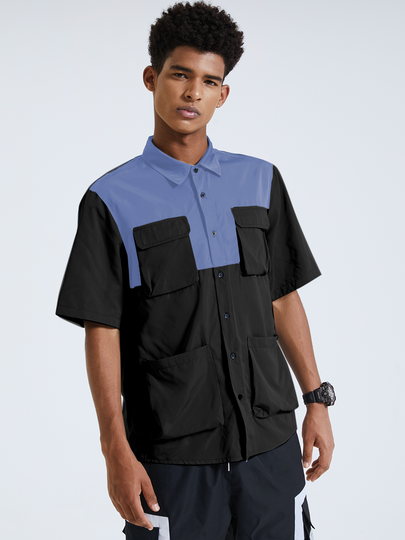 Men Utility Multi-pocket Patchwork Casual Shirt