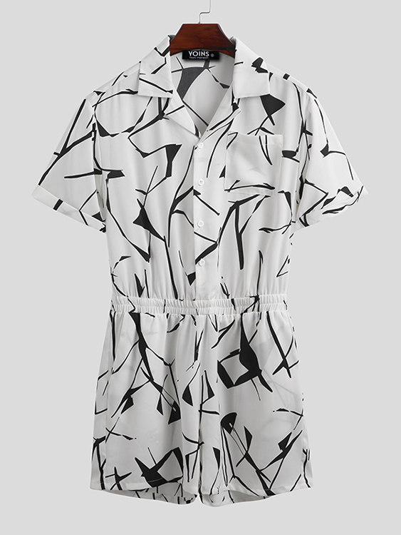 Men Beach Hawaiian White Printed Short Sleeve Overalls Romper Jumpsuit