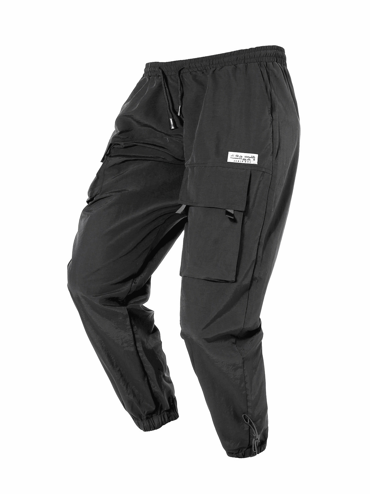 Men Fashion Plain Badge Drawstring Waist Cargo Pants