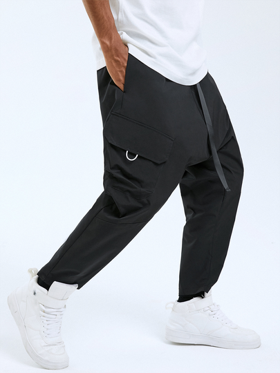 Men Casual Black Ribbon Waist Cargo Pants