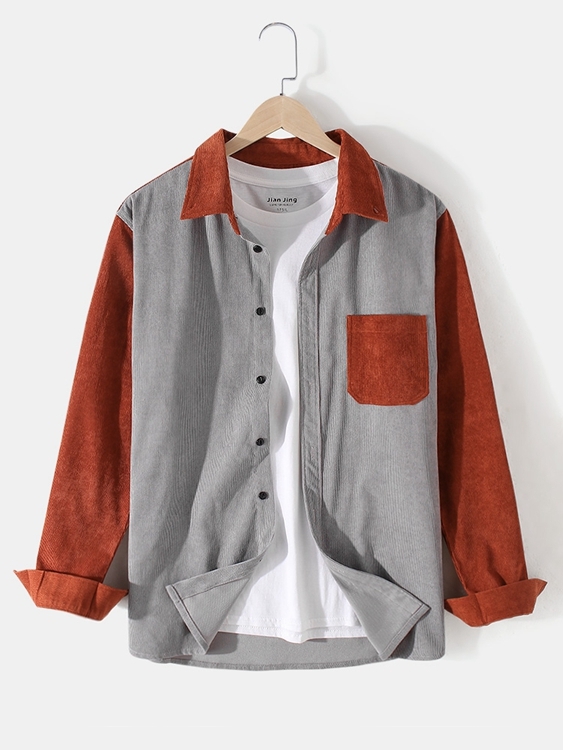 Newchic Men Patchwork Corduroy Color Block Pocket Shirt