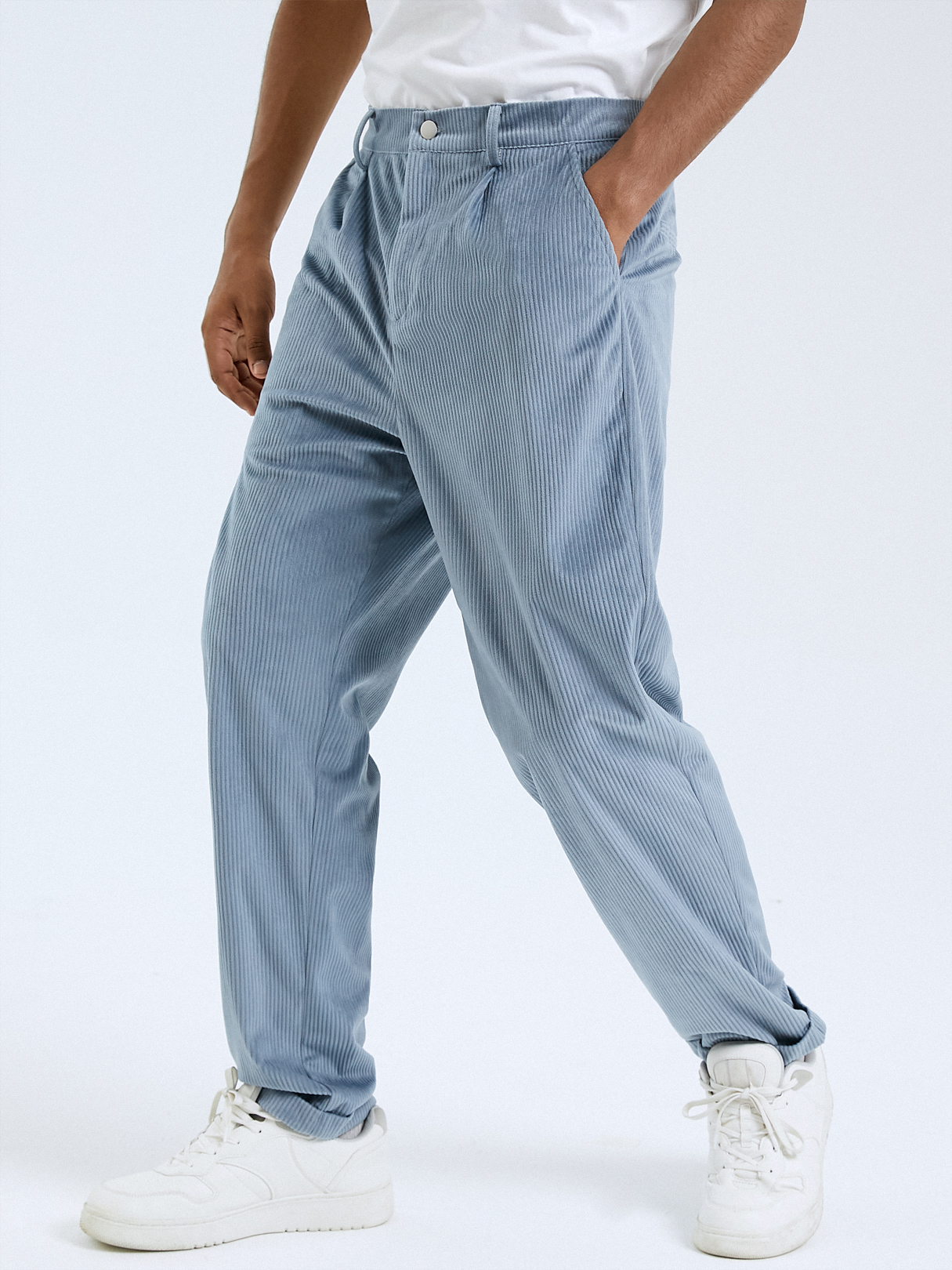 Men Autumn Corduroy Plain Zip Front High Waist Casual Pants