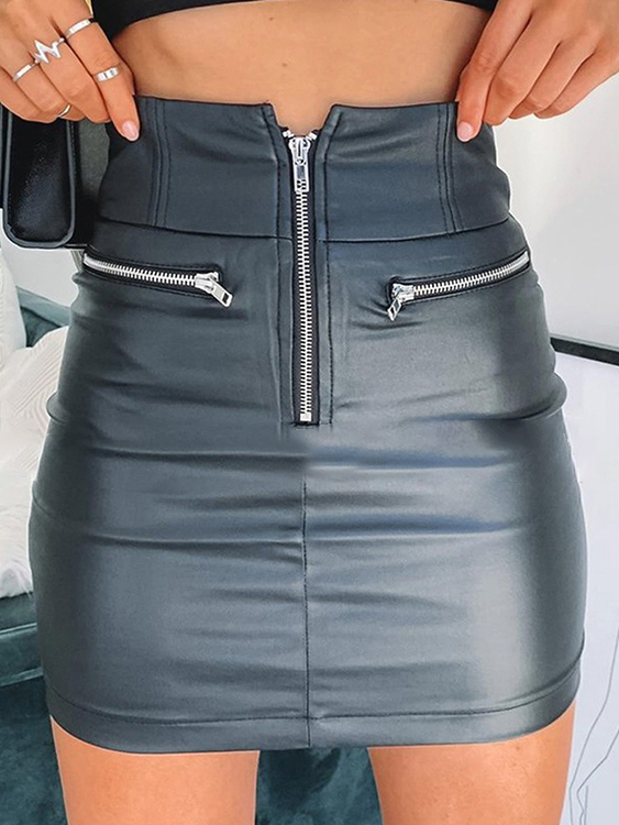 Zip Front Faux Leather Middle-Waisted Skirt