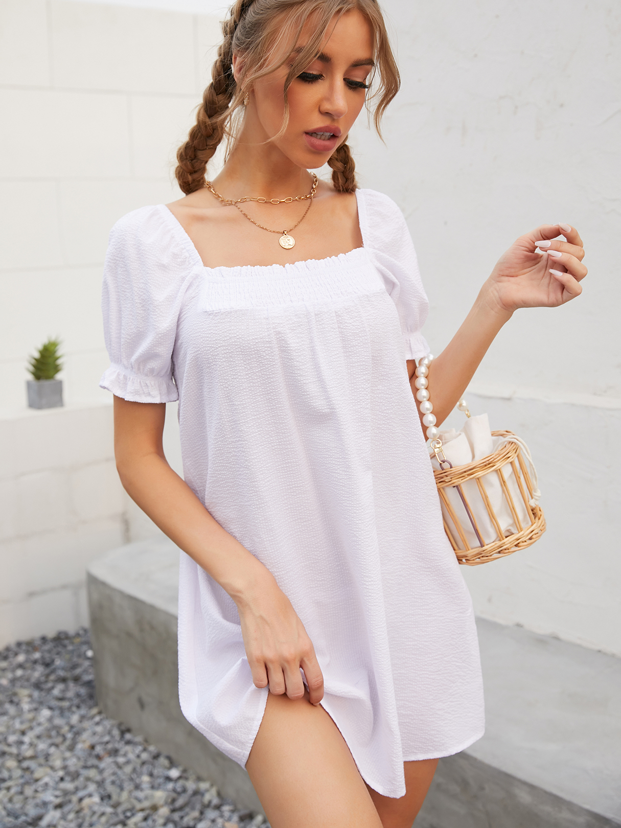 YOINS White Square Neck Shirring Backless Design Mini Dress