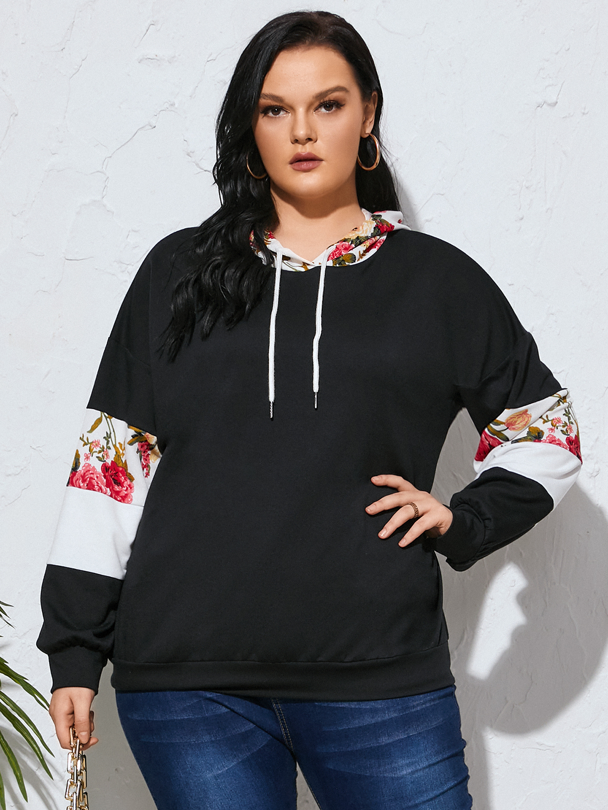 YOINS Plus Size Floral Print Hooded Design Patchwork Design Long Sleeves Sweatshirt