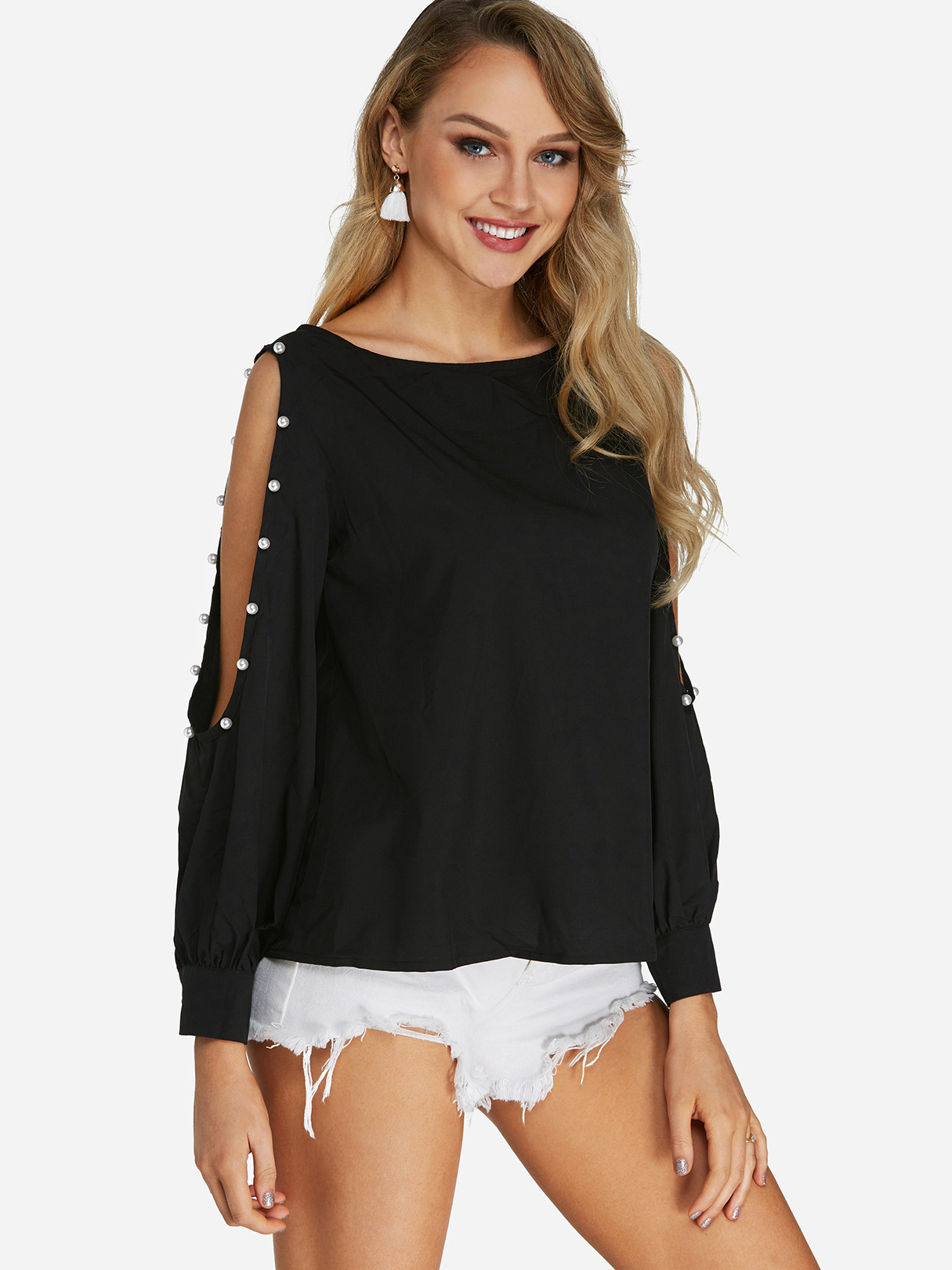 Black Cold Shoulder Design Round Neck Lantern Sleeves Blouses