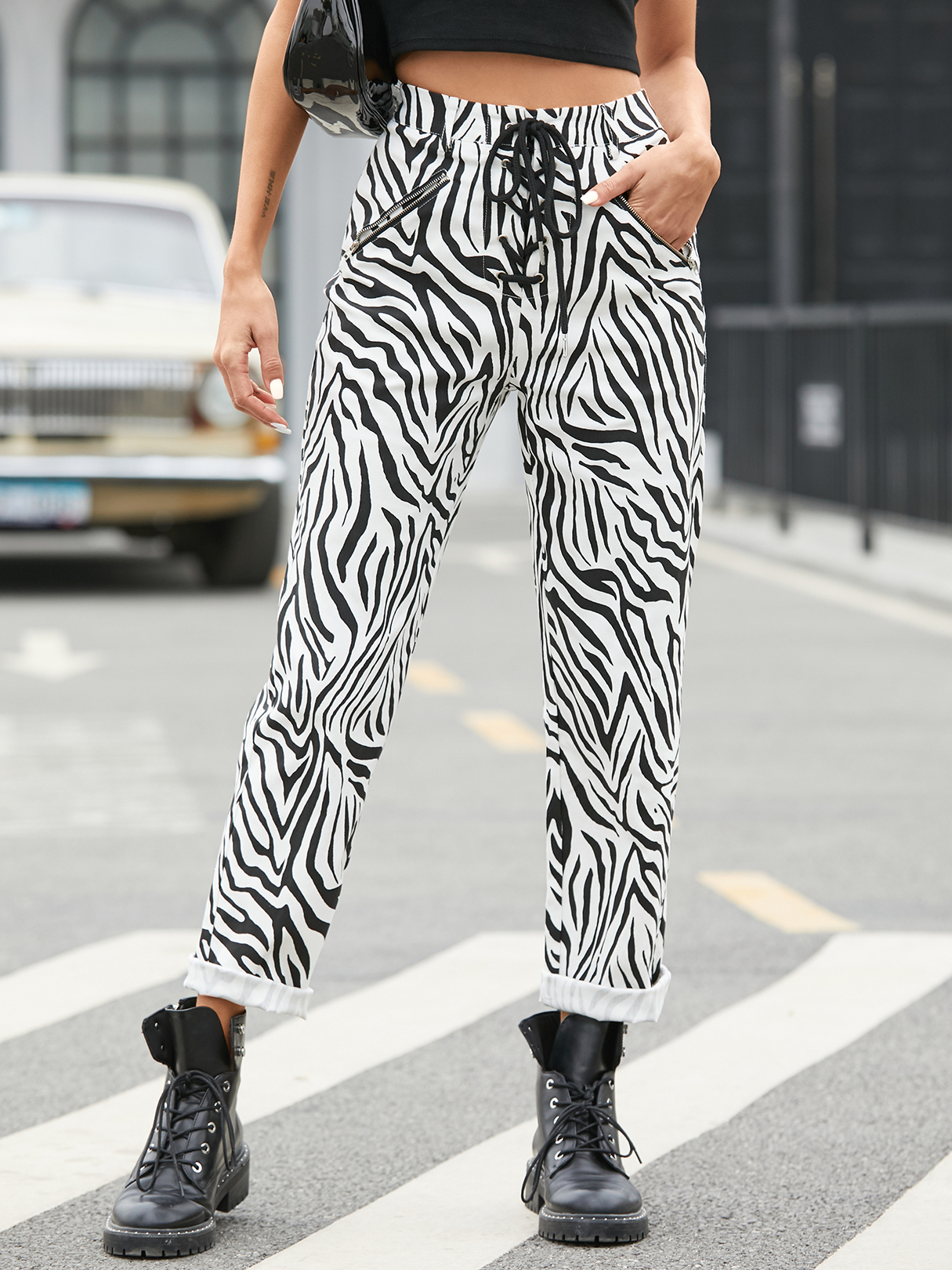 YOINS Zebra Side Pockets Drawstring Waist Pants
