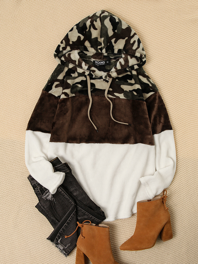 Camo Color Block Long Sleeved Fluffy Hoodie