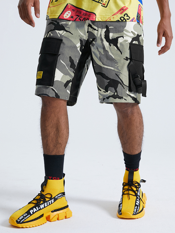KOYYE Men 100% Cotton Camo Print Ribbon Cargo Short