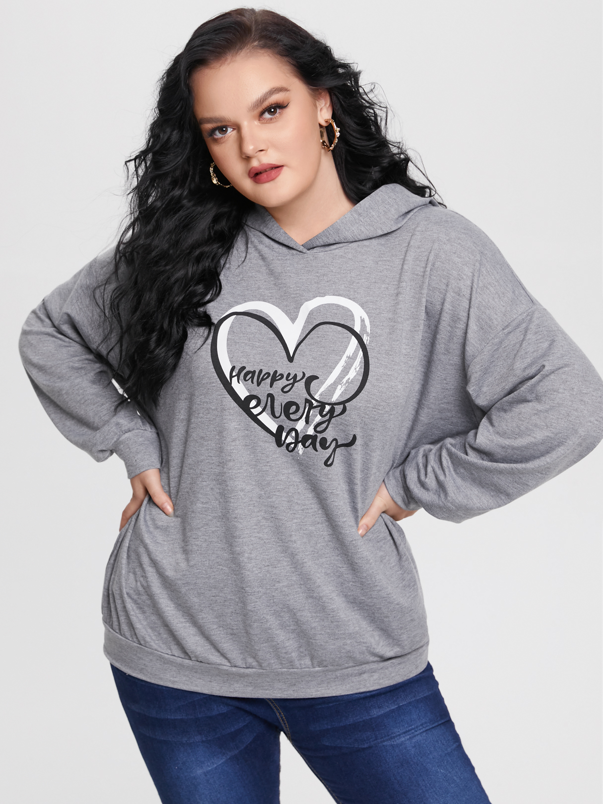 YOINS Plus Size Letter Graphic Drawstring Hooded Design Long Sleeves Sweatshirt