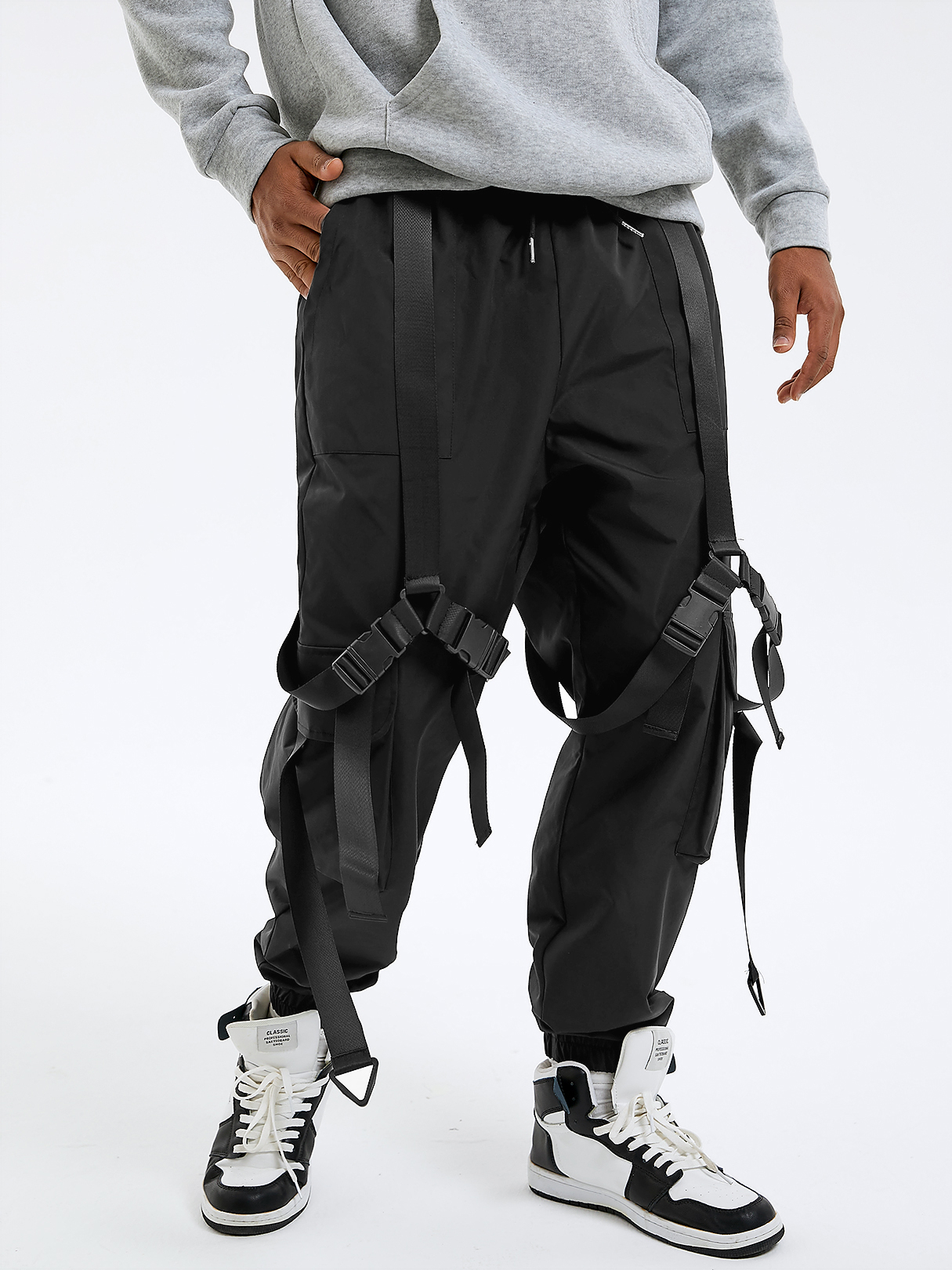 Men Street Style Plain Ribbon Design Drawstring Cargo Pants