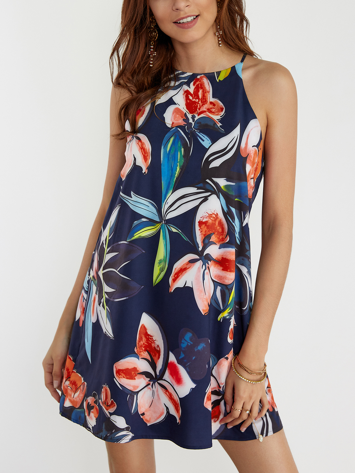 Navy Random Floral Print Sleeveless Curved Hem Dress