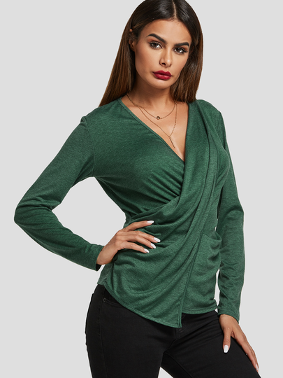 Green Crossed Front Design Long Sleeves Top