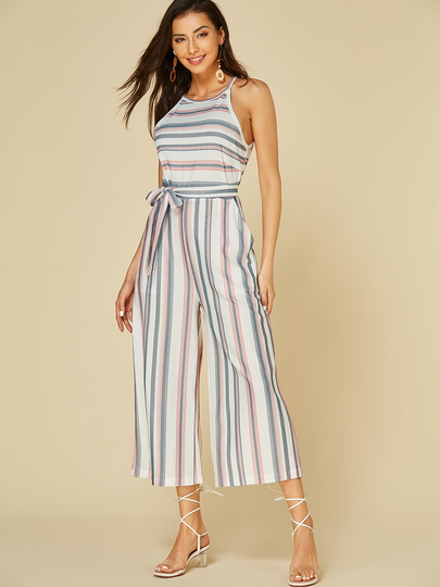 Pink Color Block Self-tie Design Stripe Jumpsuit