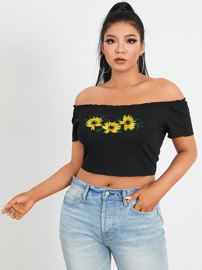 YOINS Plus Size Off The Shoulder Floral Print Ribbed Knit Short Sleeves Tee