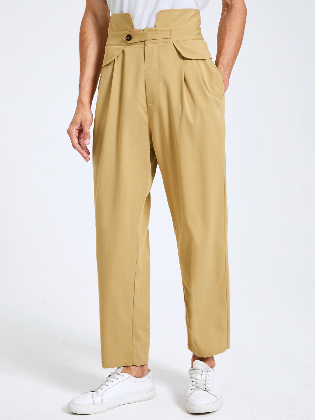 Men Fashion Button Design Wide Leg High Waist Casual Gurkha Pants