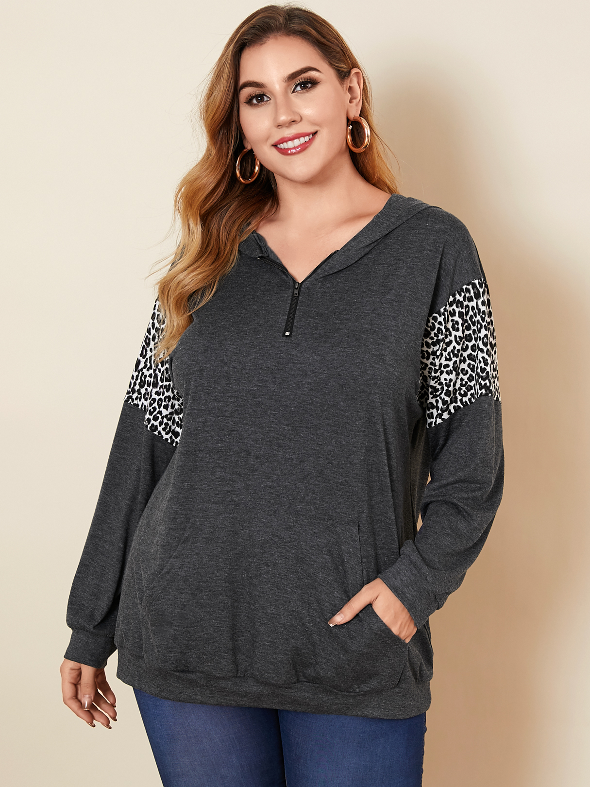 YOINS Plus Size Pullover Patchwork Hooded Design Long Sleeves Sweatshirt