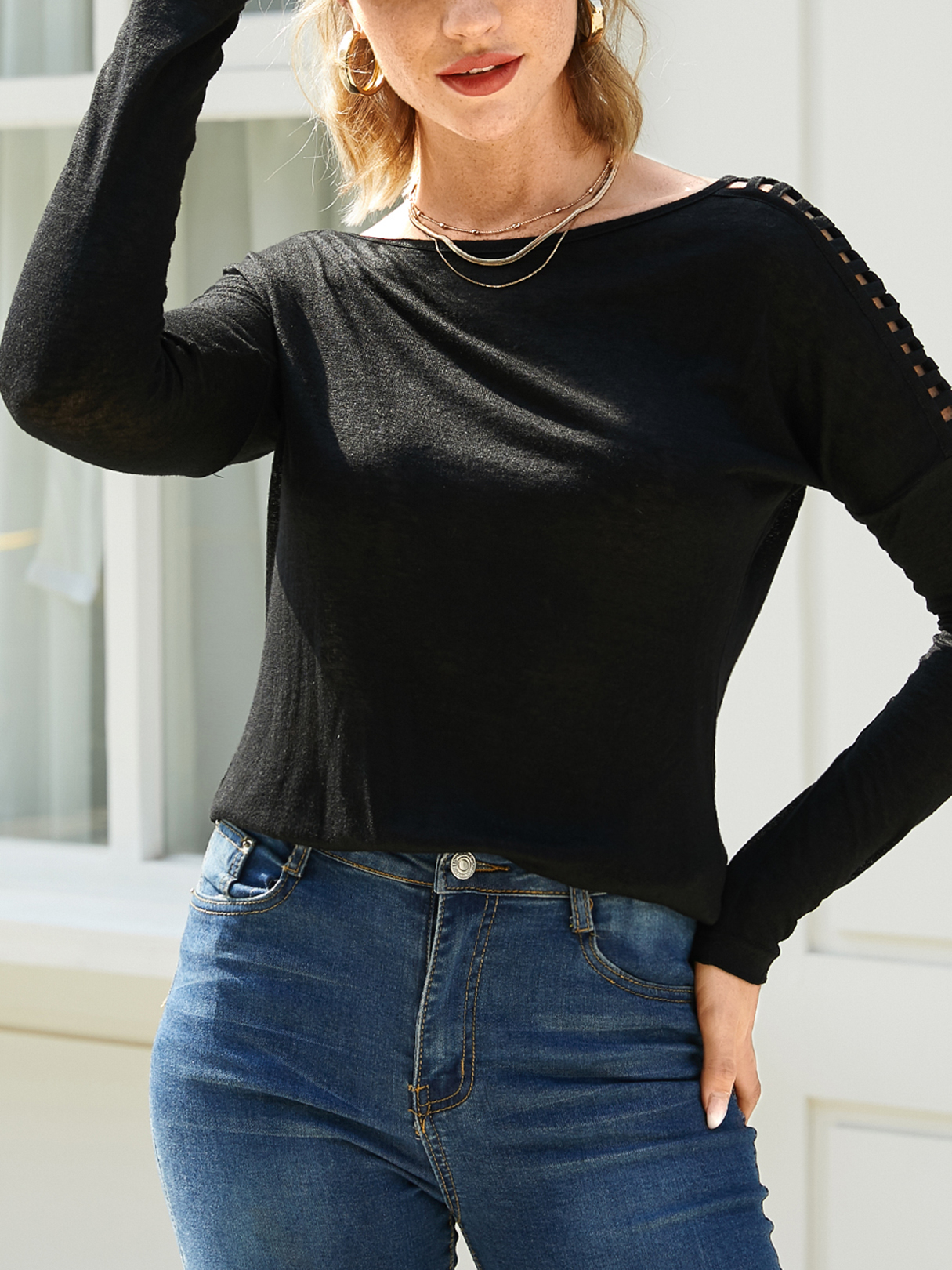 YOINS Black Cut Out Round Neck Long Sleeves Design Tee